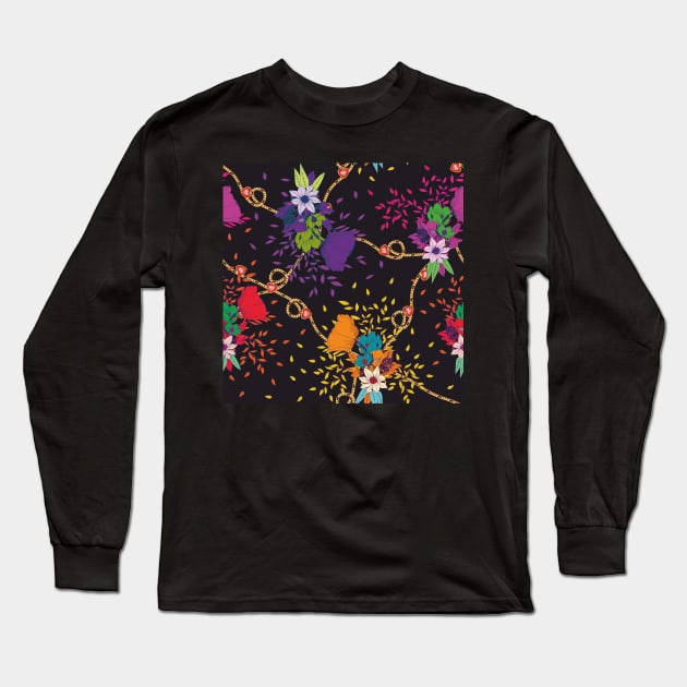 Colorful flowers,leaves, and gold chains,heart diamonds Long Sleeve T-Shirt by ilhnklv